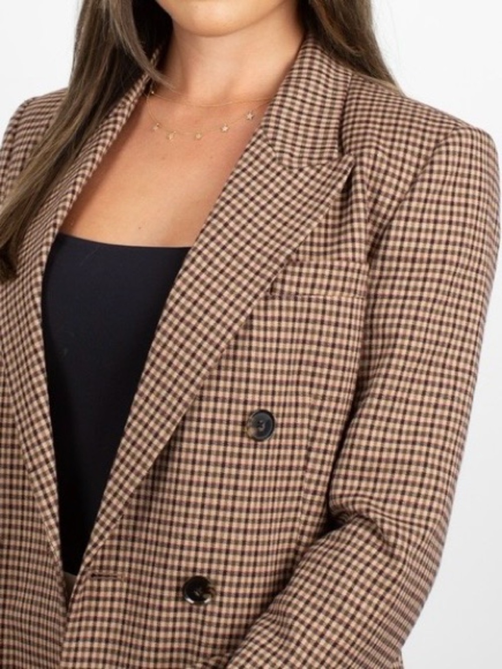Zara Double-Breasted Houndstooth Blazer - Brown & Black